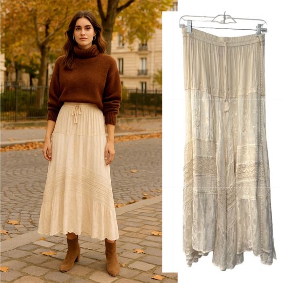Sezane Vintage L Embroidered Maxi Skirt Rayon Drawstring Elastic Waist Ivory - Picture 1 of 9